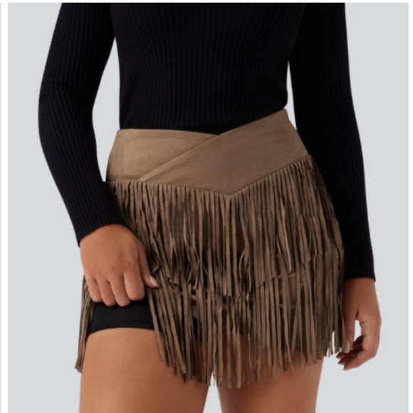 Crossover High Waisted 2-in-1 Fringe Hem Bodycon Mini Suede Party Skirt - Picture 8 of 8
